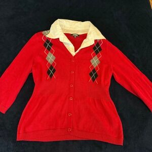 Y2K Argyle Cardigan Red Preppy Academia Sweater Button Front Petite